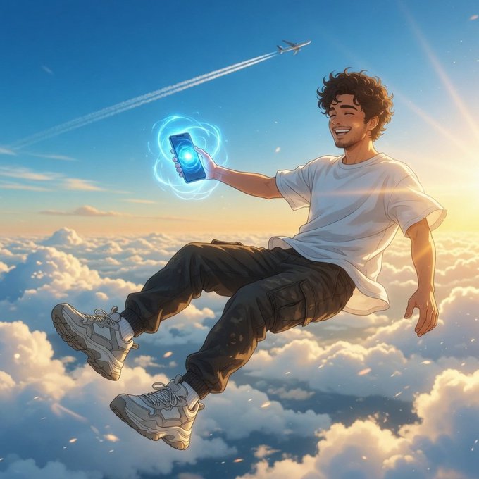 An anime-style illustration of a young man with curly hair floating among clouds, holding a glowing blue phone, with an airplane visible in the sky behind him.