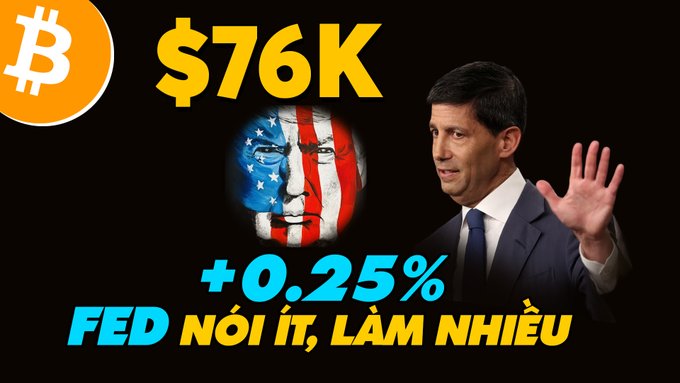 A thumbnail featuring a Bitcoin logo, '$76K', '+0.25%', and 'FED NÓI ÍT, LÀM NHIỀU', alongside a man in a suit and a face painted with the American flag.
