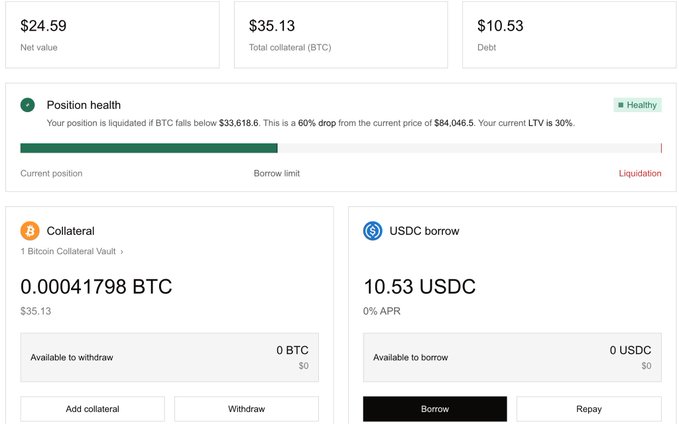 A cryptocurrency lending dashboard showing a net value of $24.59, total collateral of 0.00041798 BTC ($35.13), and 10.53 USDC debt, with a 'Healthy' position status.