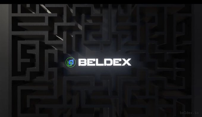 The Beldex logo with its green icon is displayed prominently against a dark, geometric 3D maze-like background.