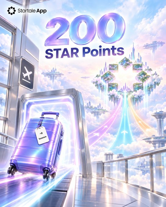 A colorful Startale App promotional graphic advertises “200 STAR Points,” showing a purple suitcase moving through a glowing futuristic portal toward floating sky islands.