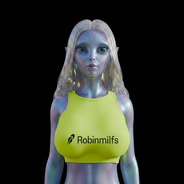A 3D rendered female elf-like character with blonde hair and pointed ears wearing a yellow crop top with 'Robinmilfs' text, set against a black background.