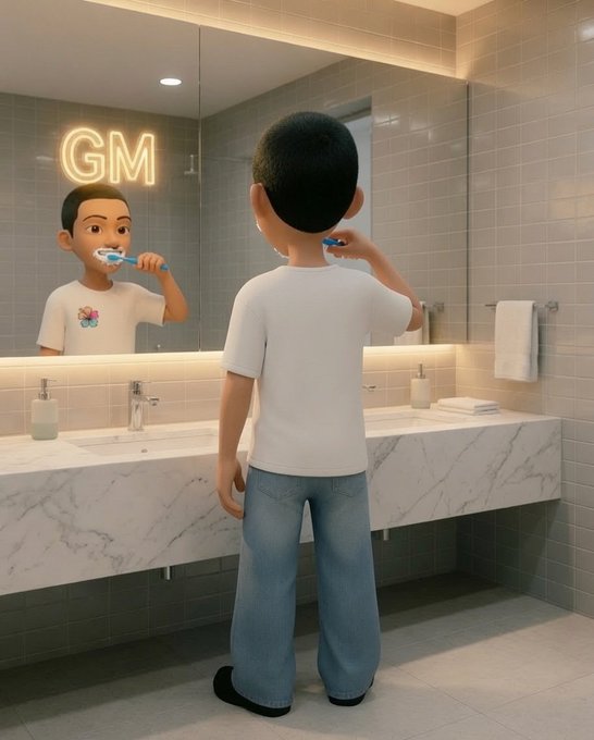 A 3D-rendered character brushes his teeth in a modern bathroom with a 'GM' neon sign reflected in the mirror.
