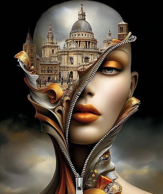 A surreal digital artwork depicting a woman's face with a zipper revealing a grand European cathedral (resembling St. Peter's Basilica) where her eye and hair should be, set against a dark, cloudy sky.