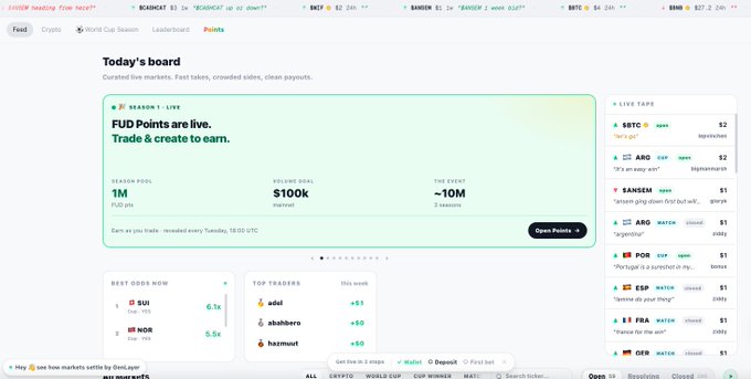 A screenshot of the FUDmarkets website displays its "Today's board" with live markets for crypto and world cup soccer such as HBAR, BTC, ARB, SANSEM, and POR, showing user odds like SUI at 6.1x and NOR at 5.5x, alongside stats including 1M FUD pool, $100k volume, and ~10M traders. The interface complements the post by illustrating how FUD lets users trade directly on crowd narratives like "Will BTC be a ghost?" or "FUD Iceland up or down?" with real-time odds and payouts.