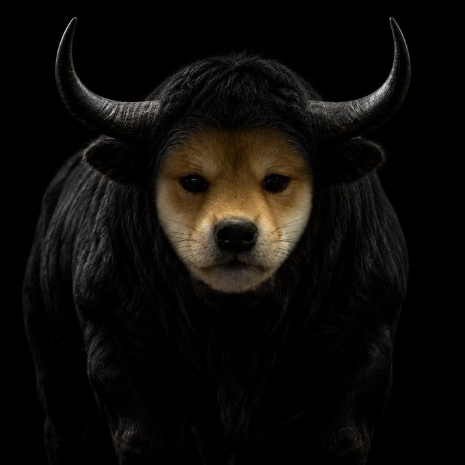 A striking portrait of a creature blending a Shiba Inu dog's face with a black bison's body and large curved horns, set against a dark background.
