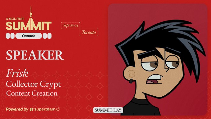A red promotional graphic for the 'SOLANA SUMMIT Canada' announces 'SPEAKER Frisk, Collector Crypt, Content Creation' for Sept 23-24 in Toronto, featuring a cartoon character.