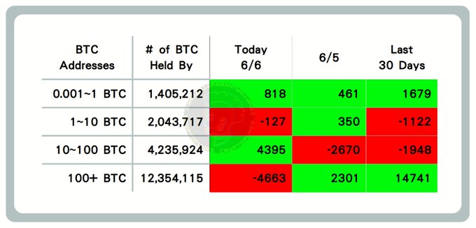 The image displays a table with information about Bitcoin trading activity, specifically regarding the number of large Whales (affiliations) selling Bitcoins at different points in time. There are two distinct color-coded sections in the table; one section has green colors indicating active periods for trading while the other section shows red colors reflecting periods of minimal trading activity or even a drop in price. The date is listed on the top left corner, and it seems to be from six days ago with numbers such as 6/5, 8/6, 1/1, and 0+10BTC showing specific points in time when these trends were observed.