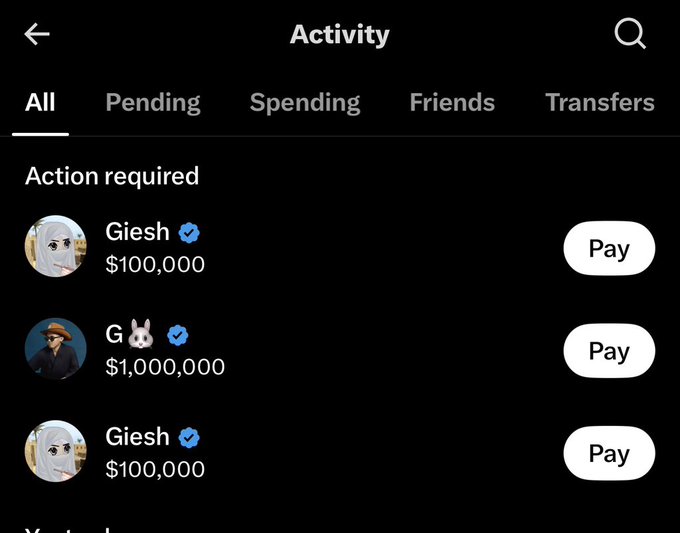 A dark-themed Activity screen showing a 'Pending' tab with 'Action required' payments: Giesh $100,000, G🐰 $1,000,000, and Giesh $100,000, each with a Pay button.