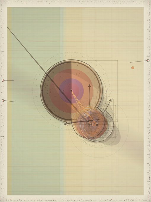 An abstract artistic composition featuring overlapping translucent circles, arcs, and angular lines in muted earth tones with pops of purple and orange against a grid-patterned background.