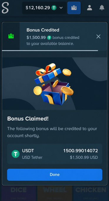 A screenshot of a Stake.com interface showing a "Bonus Credited" notification and "Bonus Claimed!" popup for $1,500.99 USDT (USD Tether), visually demonstrating the kind of $1,500 bonus prize mentioned in the giveaway announcement. The user's account balance is shown as $12,160.29 at the top.