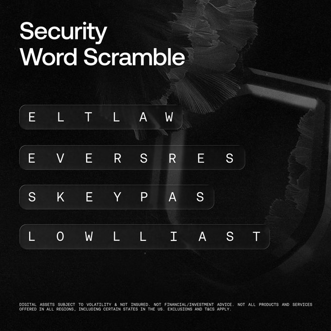 A dark "Security Word Scramble" challenge features four rows of jumbled letters to unscramble (ELTLAW, EVERSRES, SKEYPAS, LOWLLAST), serving as the puzzle participants must solve to enter OKX's $500 USDT Weekend Quiz contest.