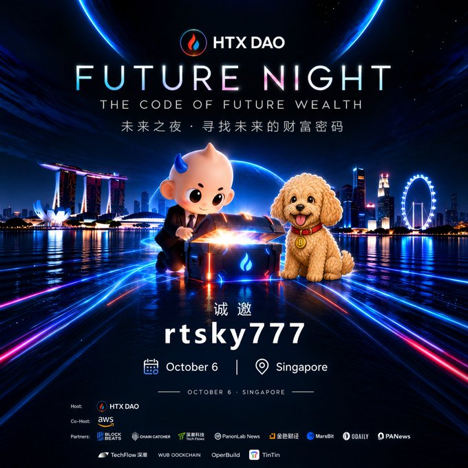 A promotional invitation to "HTX DAO FUTURE NIGHT" event titled "THE CODE OF FUTURE WEALTH" in Singapore on October 6, featuring a baby mascot with devil horns, a poodle, and a treasure chest against a Singapore skyline backdrop, addressing user rtsky777.