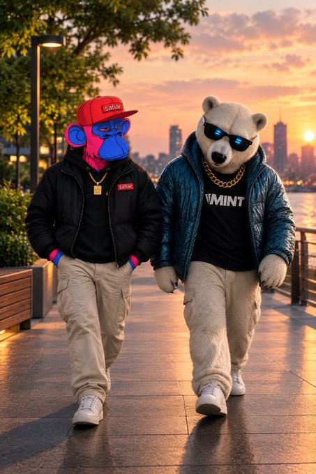 A 3D rendering shows a pink and blue monkey character wearing a red cap and black jacket walking alongside a polar bear wearing sunglasses, a gold chain, and a blue jacket on a waterfront promenade.