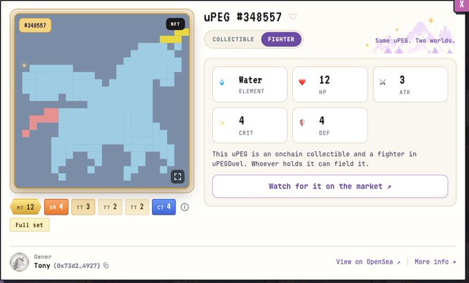 A detailed NFT profile page for "uPEG #348557," a Water-element collectible fighter with 12 HP, 3 ATK, 4 CRIT, and 4 DEF stats, owned by Tony (0x73a2...4927). The pixel-art creature is displayed alongside its trait distribution (MT 12, HR 4, TT 3, TT 2, TT 2, CT 4) with a link to view it on OpenSea, representing an example from the Unipeg universe mentioned in the accompanying post.