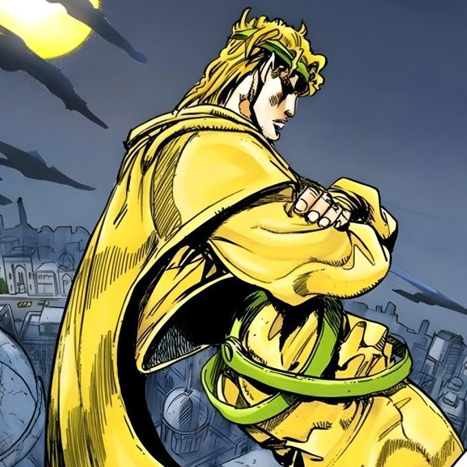 A vibrant anime-style illustration of a muscular blonde character in a yellow and green outfit, shown from the side in a powerful pose against a dark, cloudy sky with a cityscape below.