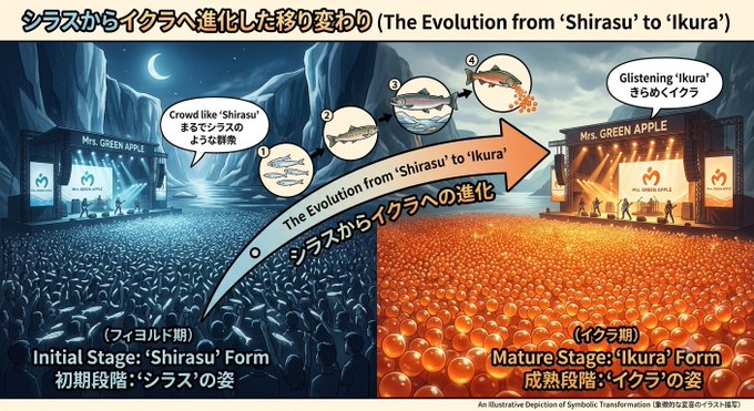 An infographic illustrating 'The Evolution from Shirasu to Ikura' using a Mrs. Green Apple concert metaphor, depicting the transformation from sardine-like to salmon roe-like forms at different growth stages.