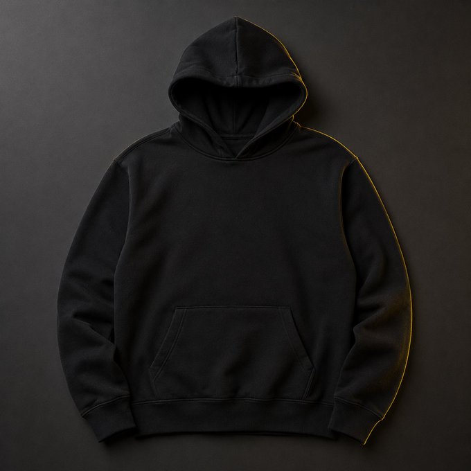 A black hoodie laid flat on a dark surface with yellow stitching details along the seams.