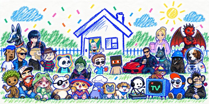 A colorful Google Doodle illustration features numerous characters, including video game icons, animals, and people, gathered in front of a house and a red sports car.