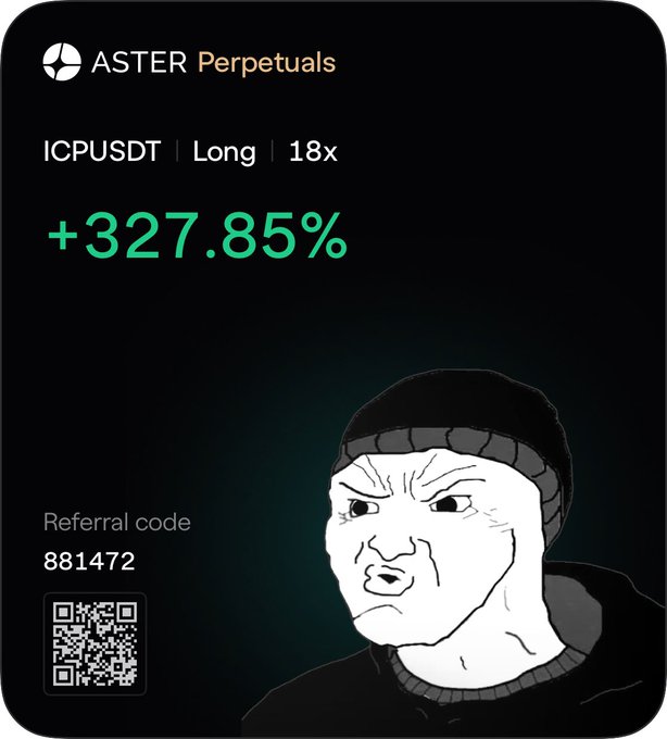 An ASTER Perpetuals promotional graphic shows a +327.85% gain on an ICPUSDT Long position with 18x leverage, featuring a Wojak-style character and referral code 881472.