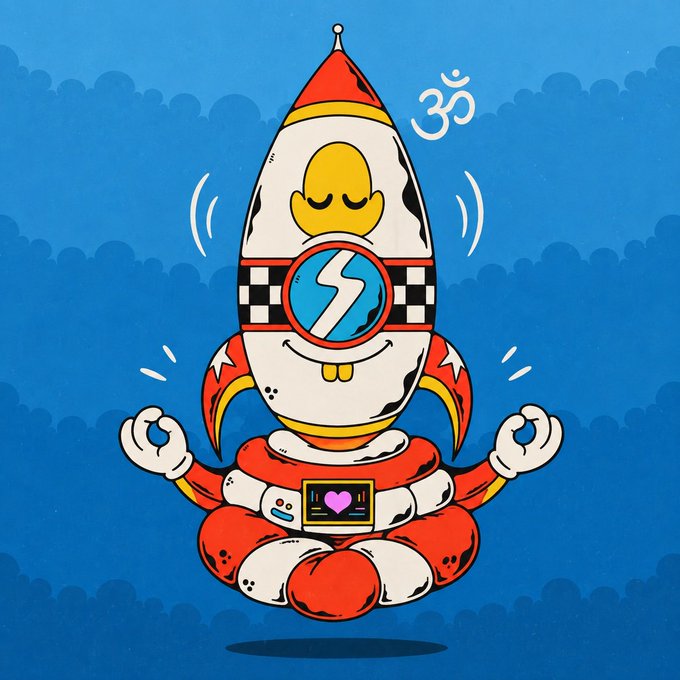 A cartoon character sits in a meditation pose as a rocket ship with the Stargate Finance logo, featuring a meditating figure inside, with an Om symbol floating beside it.