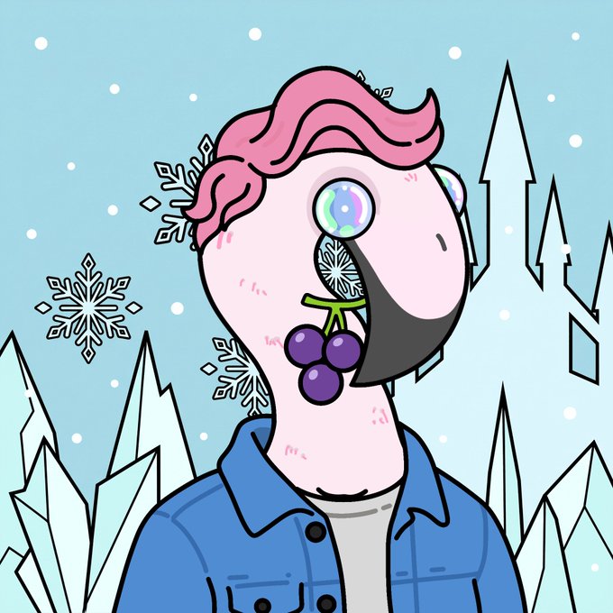 Cartoon flamingo-like character with pink hair/feathers eating purple grapes, with snowflakes and ice crystals in the background.
