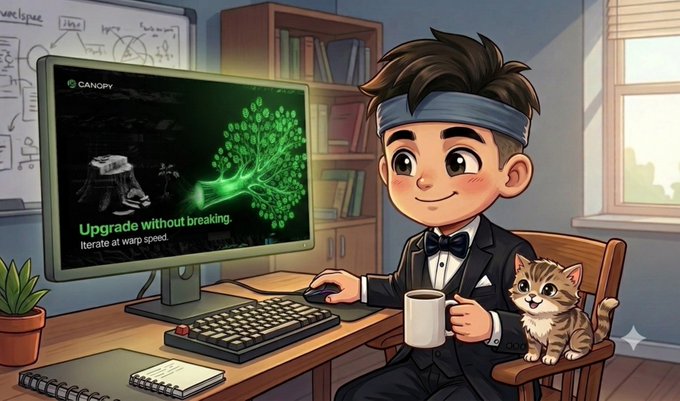 A cartoon illustration shows a smiling young man in a suit and headband at a computer desk holding a coffee mug, with a cat beside him, while the monitor displays the 'CANOPY' logo and the slogan 'Upgrade without breaking. Iterate at warp speed.'