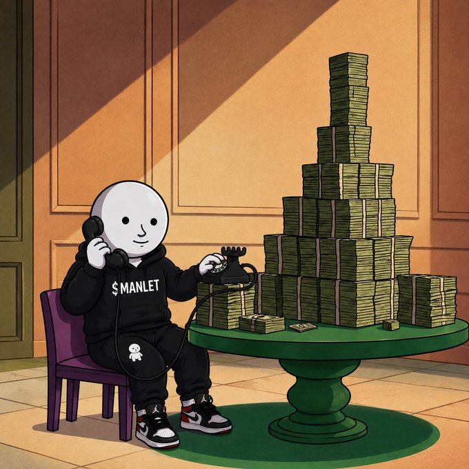 An illustration of a character wearing a hoodie labeled '$MANLET' sitting at a table piled high with stacks of cash, holding an old-fashioned telephone.