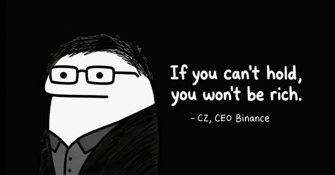 A stylized black-and-white illustration of a bespectacled man (representing CZ, CEO of Binance) appears alongside his quote: "If you can't hold, you won't be rich." The image directly illustrates the accompanying post, visualizing the Binance CEO delivering his well-known advice about holding crypto assets.