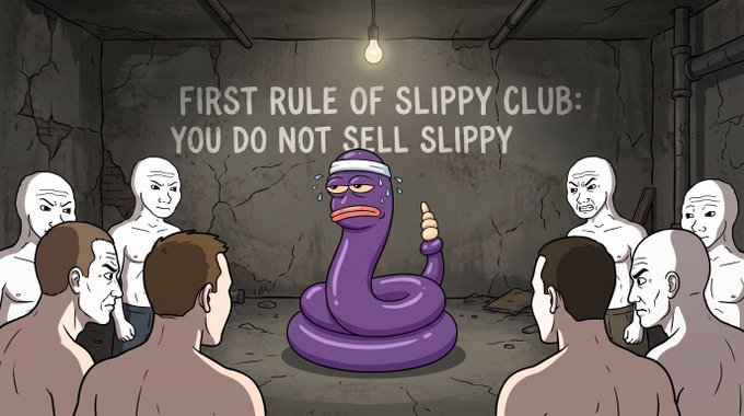 A cartoon illustration depicts a sweating purple snake wearing a sweatband in a basement surrounded by bald figures, with text reading 'FIRST RULE OF SLIPPY CLUB: YOU DO NOT SELL SLIPPY'.