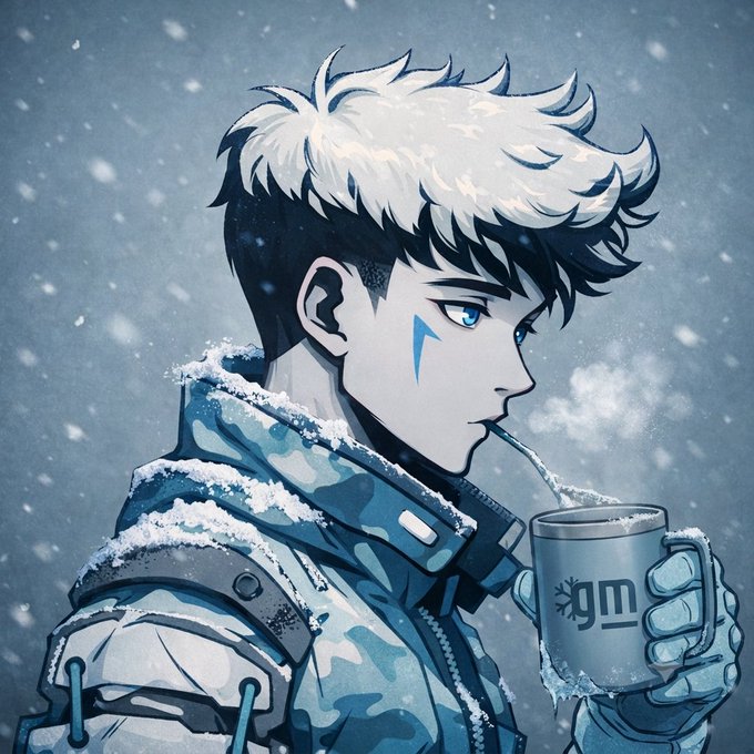 A snowy-haired anime character with a blue face marking drinks from a "gm" mug, visually echoing the post's "Good morning" greeting and the cold, futuristic vibe of the physical AI and $AXIS robotics theme.