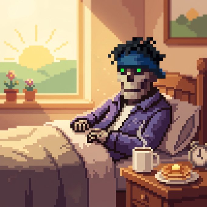 A pixel art image depicts a skeletal character with blue hair and glowing green eyes wearing a purple robe, sitting by a window at sunrise with a mug and pancakes on a nearby table.