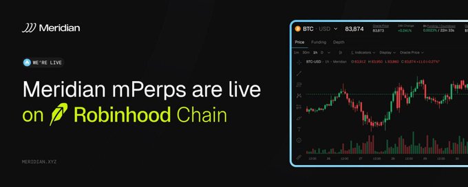 A promotional banner announces 'Meridian mPerps are live on Robinhood Chain' alongside a BTC/USD trading chart.