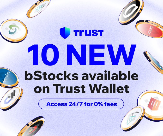 A promotional graphic for Trust Wallet announces "10 NEW bStocks available on Trust Wallet" with "Access 24/7 for 0% fees," surrounded by various colorful token coins, visually reinforcing the post's message about new stock-like assets being available for trading on the platform.