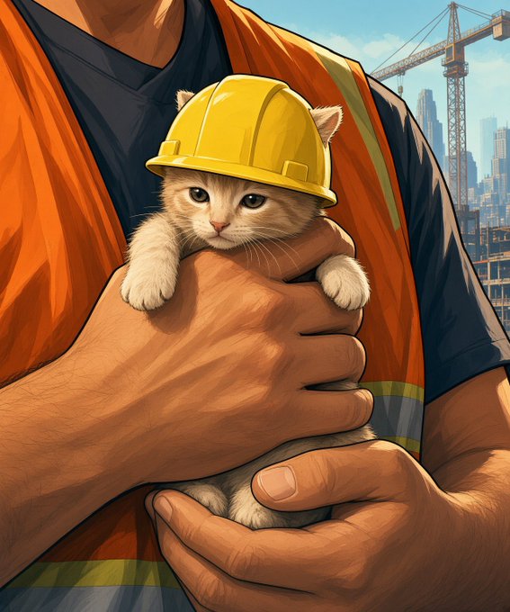An animated-style illustration of a construction worker in an orange safety vest holding a small kitten wearing a yellow hard hat, with a city skyline and crane in the background.