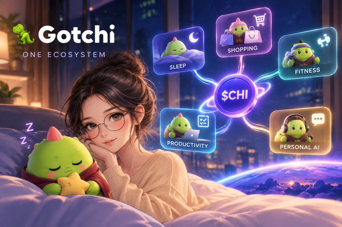 The image shows an anime-style woman resting in bed next to a green Gotchi character holding a star, with floating app icons for Sleep, Shopping, Fitness, Productivity, and Personal AI all connected to a central "$CHI" token, under the header "Gotchi ONE ECOSYSTEM." It visually reinforces the post's theme of Gotchi Labs building a unified ecosystem spanning daily life activities, with $CHI as the connecting token.