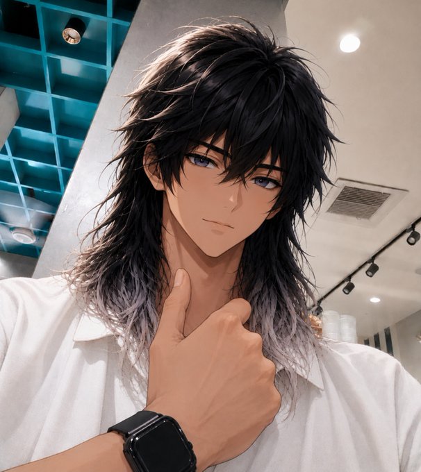 A stylized selfie of a young man with long, messy black hair featuring silver/white tips, purple eyes, wearing a white shirt and a black smartwatch, posed with his hand near his chin.
