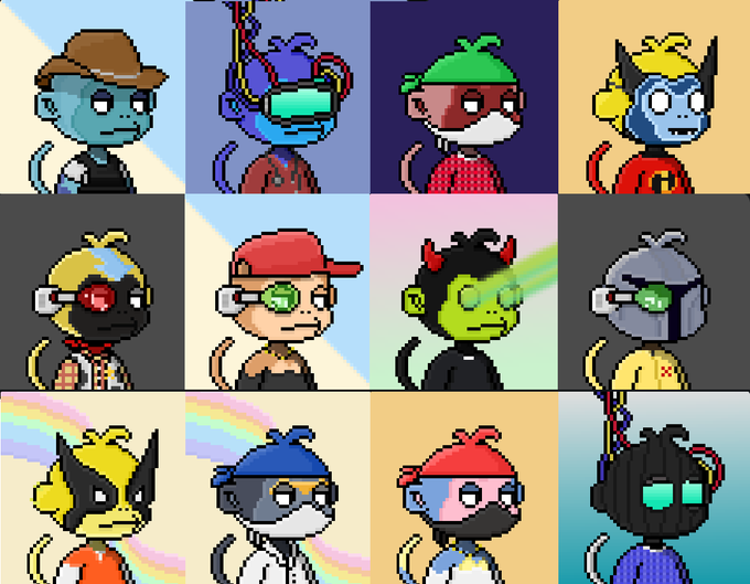 A grid of twelve pixel art character avatars featuring monkeys with different colored skin, hats, and cyberpunk-style accessories like visors and VR headsets.