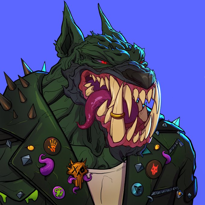 A cartoon-style digital illustration of a fierce, snarling green reptilian or demonic creature with sharp teeth, a purple tongue, and spiked armor adorned with various pins and badges, set against a solid blue background.