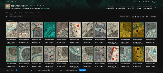 An OpenSea NFT collection page for 'NotAnArtist' by sethseth018, displaying various textured abstract artwork pieces with prices ranging around 0.024 ETH.