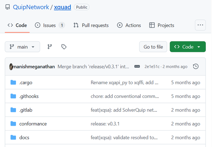 GitHub repository page for 'QuipNetwork/xquad' (Public), showing the main branch with folders like .cargo, .github, .gitlab, conformance, and docs.