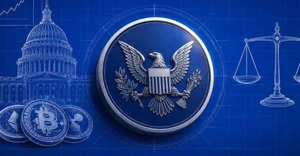 A blue-toned graphic featuring a central silver emblem with an eagle, shield, and scales of justice, flanked by the U.S. Capitol building on the left and additional scales on the right, with cryptocurrency coins (Bitcoin and XRP) in the lower left corner.