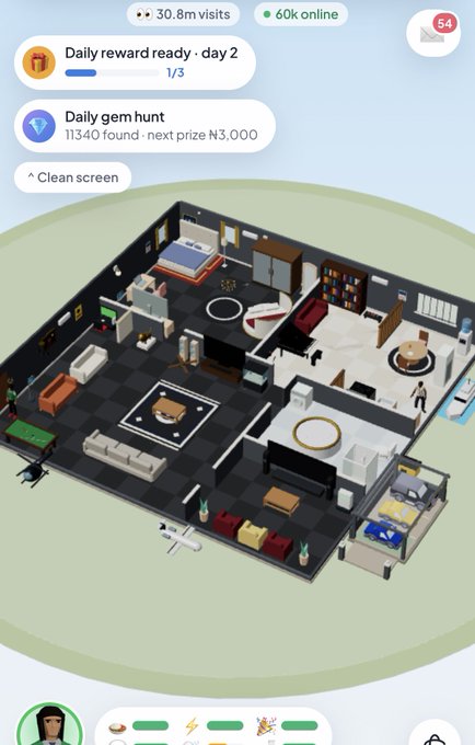 A mobile game screenshot shows an isometric view of a furnished house layout with a 'Daily reward ready - day 2' notification and a 'Daily gem hunt' progress bar showing 11,340 found.