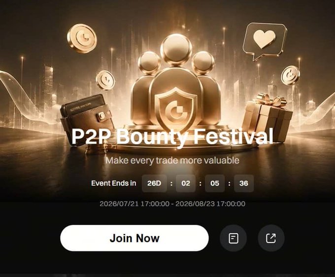 The image is a promotional banner for Gate.io's "P2P Bounty Festival" campaign, featuring a golden-themed design with figures, gift boxes, coins, and a chat bubble icon, along with the tagline "Make every trade more valuable." It displays an event countdown of 26 days, 02 hours, 05 minutes, and 36 seconds, running from 2026/07/21 to 2026/08/23, with a prominent "Join Now" button. The banner visually reinforces the campaign's rewards-driven P2P trading event mentioned in the accompanying post.