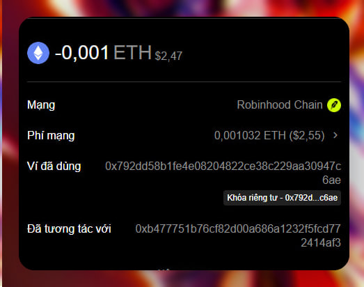 A Robinhood Chain transaction receipt showing a swap of -0.001 ETH ($2.47) with a gas fee of 0.001032 ETH ($2.55), paid to address 0x4777511b76cf82d00a686a1232f5fcd772414af3. The image illustrates the user's post about how the fee ($2.55) nearly exceeds the trade value ($2.47) on the new chain, making it nearly impossible to profit on small meme coin trades.