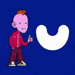 A cartoon illustration features a pink-skinned character with a crown giving a thumbs-up next to a large white letter 'U' on a dark blue background.