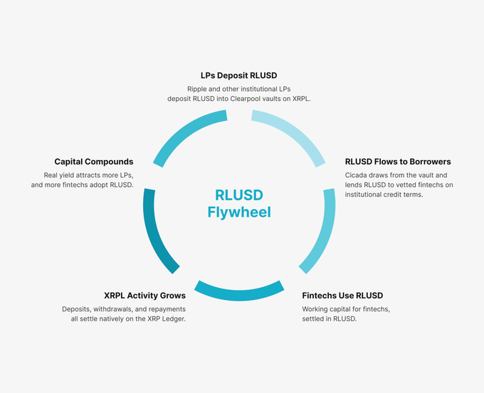 A circular infographic titled 'RLUSD Flywheel' illustrating a five-stage cycle: 'LPs Deposit RLUSD' (Ripple and other institutional LPs deposit RLUSD into Clearpool vaults on XRPL), 'RLUSD Flows to Borrowers' (Cicada draws from the vault and lends RLUSD to vetted fintechs), 'Fintechs Use RLUSD' (working capital settled in RLUSD), 'XRPL Activity Grows' (deposits, withdrawals, repayments settle natively on the XRP Ledger), and 'Capital Compounds' (real yield attracts more LPs and more fintechs adopt RLUSD).