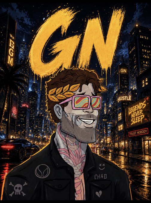 A digital illustration of a smiling man with curly brown hair, a laurel wreath, and rainbow sunglasses, wearing a black jacket covered in logos and tattoos. Behind him is a night cityscape with a dripping yellow 'GW' logo and signs reading 'LEGENDS NEVER SLEEP' and 'TRUST NOBODY'.