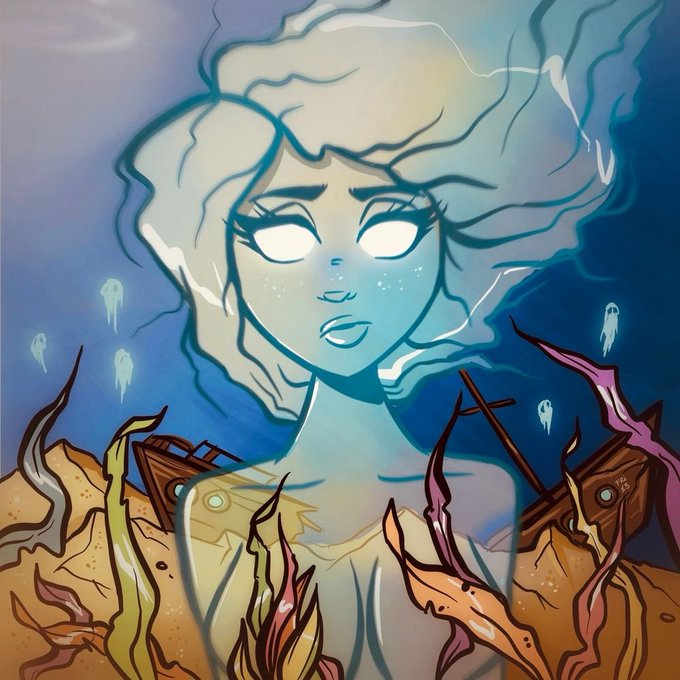 A digital illustration depicts a glowing, ethereal woman with white flowing hair and glowing white eyes emerging from flames amidst a destroyed landscape with small ghost-like figures floating in the background.