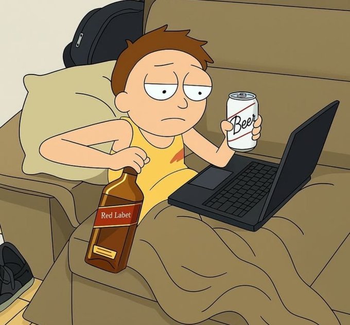 The image features a cartoon character, likely from the TV show "Gn degree", sitting on a couch with a beer bottle next to him. The character appears to be holding a can of beer while using his laptop computer. The background shows a bed and a chair, suggesting that this scene takes place in someone's living room or bedroom. The image also includes text that reads "Gn degens happy weekend in addy".